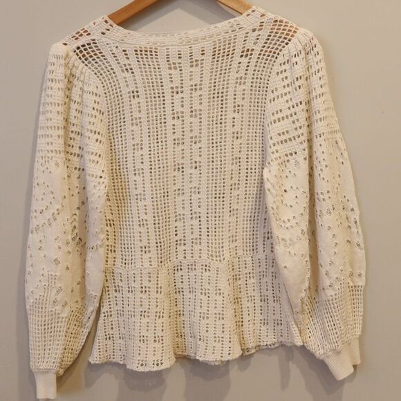 ALC crochet open knit sweater white baloon sleeve Large peplum stretch lace crew - Picture 5 of 9